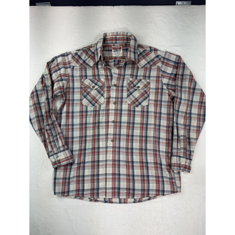 Wrangler Shirt Mens Large White Plaid Western Pearl Snap Long Sleeve Casual